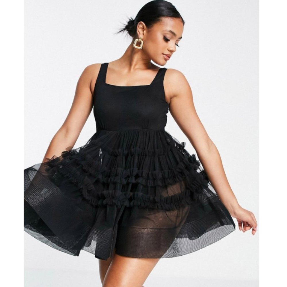 Lace & Beads Square Neck Tulle Bodysuit Mini Dress in Black Size UK 8 / US 4 NWT